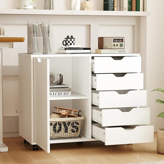5-Drawer Wood Drawer Cabinet, Office Storage Cabinet with Adjustable Shelf & Wheels, Printer Stand for Home Office, White, 15.7" D x 30.7" W x 25.4" H
