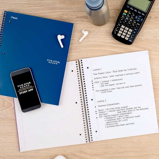 Five Star Spiral Notebook + Study App, 2 Pack, 5 Subject, College Ruled Paper, Fights Ink Bleed, Water Resistant Cover, 8-1/2" x 11", 200 Sheets, Pacific Blue & Fire Red (38459)
