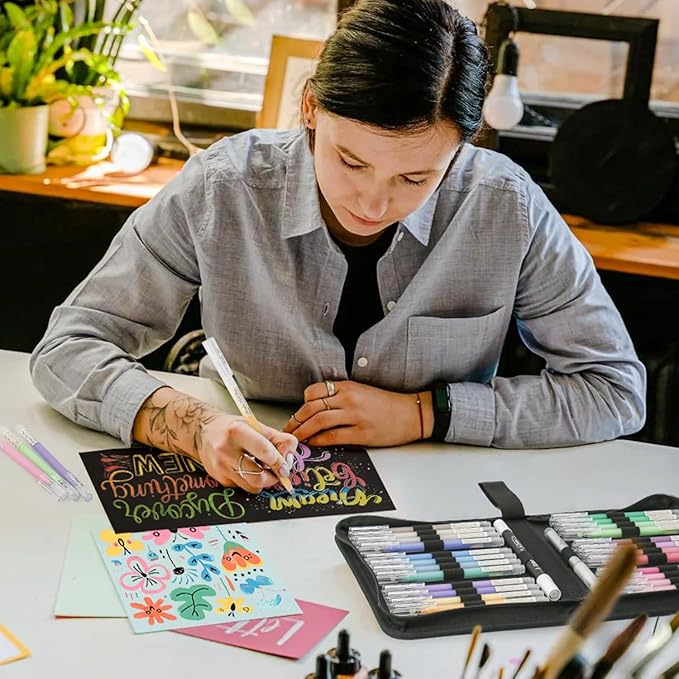 24 Colors 3D Acrylic Gel Pens & Black Paper Sketchbook for Drawing, 1mm Fine Point Acrylic Ink Pen, Opaque Archival Dull Ink Pens for Black Paper Drawing, Sketching, Illustration, Card Making
