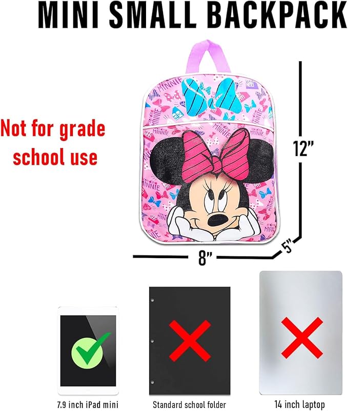 Minnie Mouse Mini Backpack with Lunch Box Set - Bundle 11" Backpack, Lunch Bag, Stickers, More | Minnie Mouse School Supplies for Kids