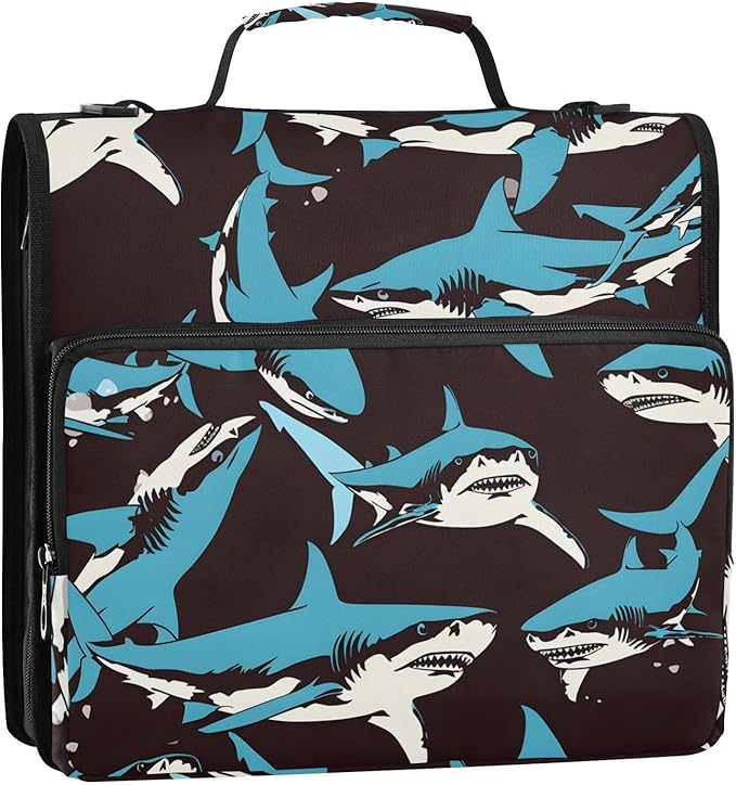 Shark Blue Ocean Black Zipper Binder Bag 3 Ring Binder with Shoulder Strap Zip Up 500 Sheets Capacity Multi Pockets for School Office Supplies