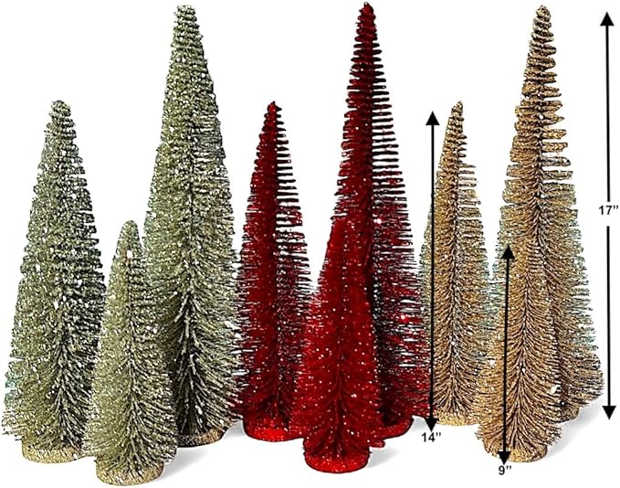RAZ Imports Set of 3 Bottle Brush Trees – 17”, 14”, 9” Modern Christmas Holiday Winter Décor – Glittery Tabletop Mini Trees for Home Office Shelf Desk Mantel Fireplace Decoration (Gold Glittered)
