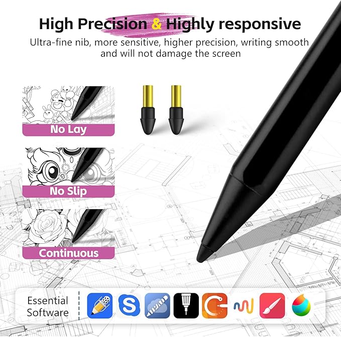 Stylus Pen 2X Fast Charge Active Compatible with 2018-2025 Apple 11"/12.9"/M4/M5, iPad Air 3/4/5/M2/M3, iPad A16/11/10-6, iPad mini 5/6 Gen-Black