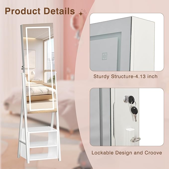 VECELO Jewelry Cabinet with Lights, 63" Full Length Mirror with Jewelry Storage, Lockable Standing Jewelry Mirror Cabinet, 3 Colors Mode, Powered By USB, White