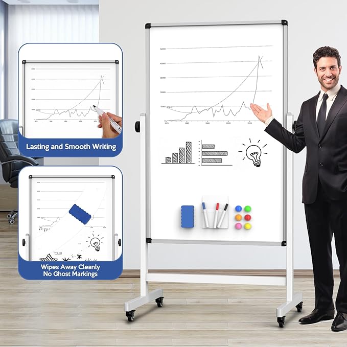Rolling Whiteboard, 44 x 26 Double Sided Magnetic Dry Erase Board Height Adjustable Whiteboard on Wheels with Sturdy Aluminum Frame for Home Office Classroom
