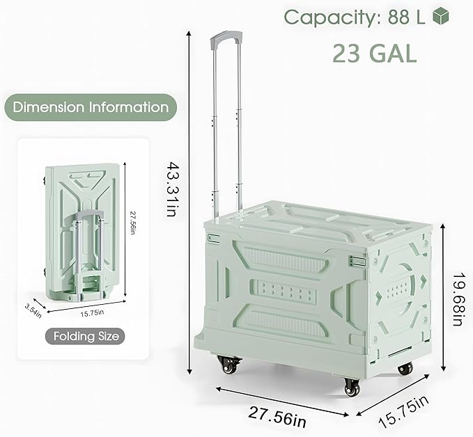 VECELO 23 GAL Modern Rolling Carts with Wheels, Foldable Utility Cart, Light Weight Platform Trucks Dolly, 4 Heavy Duty Wheels, Ideal for Shopping, Camping, Teachers, Mint Green