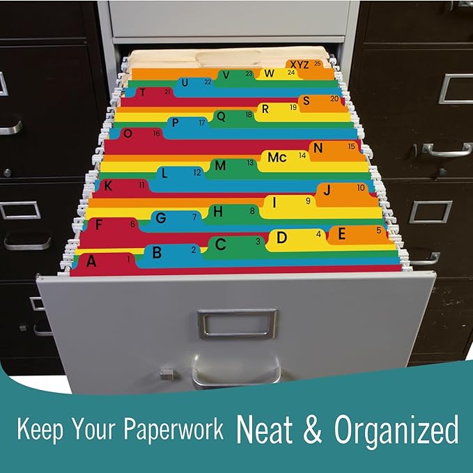 EXTRIC Alphabetical File Organizer, 25 Alphabet Dividers with Tabs for File Cabinet and Desk Organization Standard Letter Size A-Z Filing Dividers, 5 Assorted Colors with 1/5 Cut Tab Positions