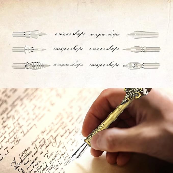 hhhouu Feather Pen and Ink Set, Quill Pen Set Antique Dip Pen with Ink and 6 Replacement Nibs 6pcs Nibs Calligraphy Pens for Beginners HO-Q-300
