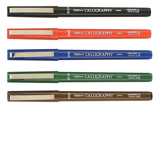 Marvy 1401873 Calligraphy Permanent Marker Set, Acid-Free Non-Toxic Water Based, 2 mm Fine Tip, Assorted Color