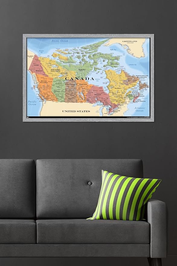 Map - Canada Wall Poster, 34L" x 22.4W", Gray Framed Version