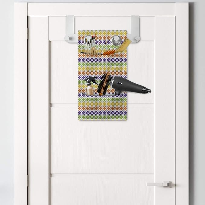 Ambesonne Colorful Hanging Pocket Organizer, Layout of Mini Triangular Motifs Horizontally Aligned, Printed Polyester Storage Bag with Pockets, 9" x 16", Violet Lime Green