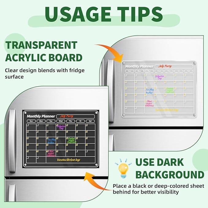 FINDMAG Acrylic Magnetic Dry Erase Board Refrigerator Calendar, Calendar Whiteboard for Wall, Set of 3 Transparent Magnetic Dry Erase Board for Monthly Weekly Daily Menu Planner Whiteboard