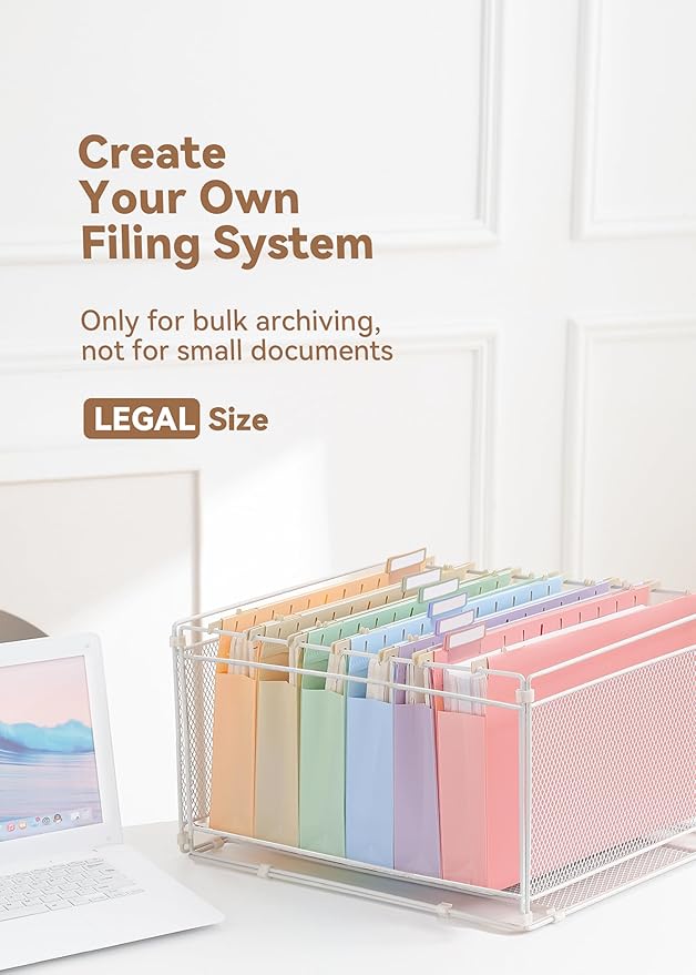 Plastic Extra Capacity Legal Size Hanging File Folders, 2" Pastel Expanding Pocket, Heavy Duty for Filing Cabinet, Insertable 1/5-Cut Tabs - 12 Pack