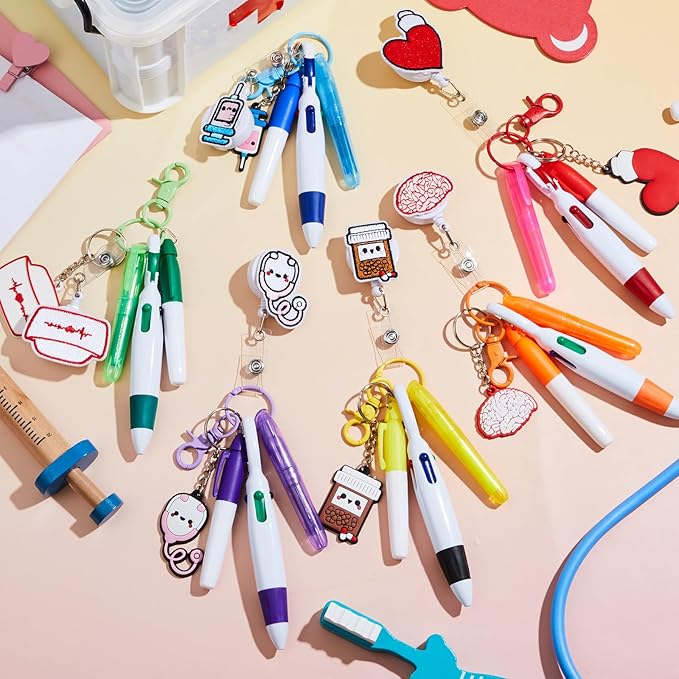 Henoyso 36 Pcs Nurse Badge Reel Pens Mini Highlighter Pens Bulk Nursing Week Appreciation Gifts Badge Accessories Retractable for Cna Medical Assistant Christmas Women (Stylish)
