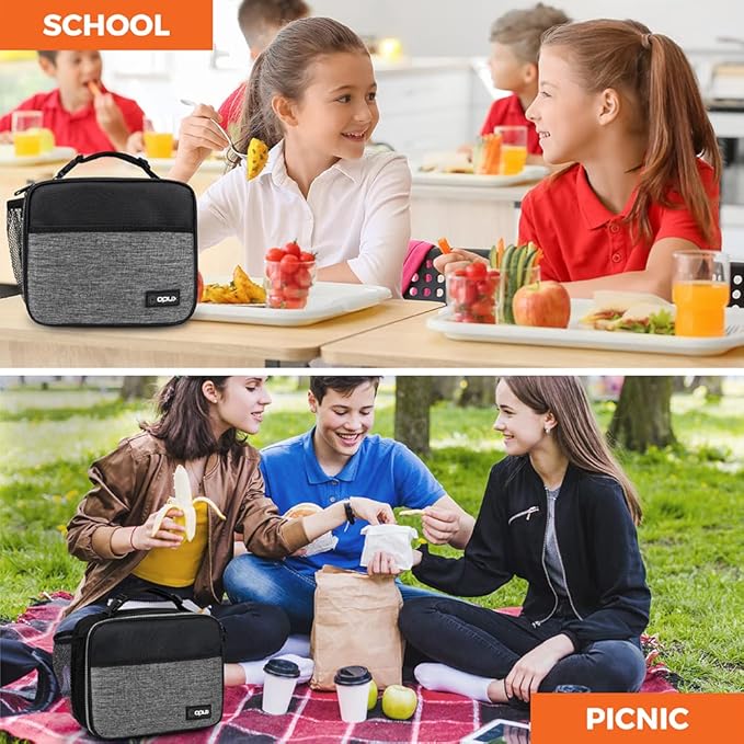 opux Insulated Lunch Bag Kids, Lunch Box for School Boy Girl, Leakproof Small Reusable Compact Soft Mini Cooler Bag, Toddler Small Lunch Boxes Kit Pail with Front Side Pockets (Gray)