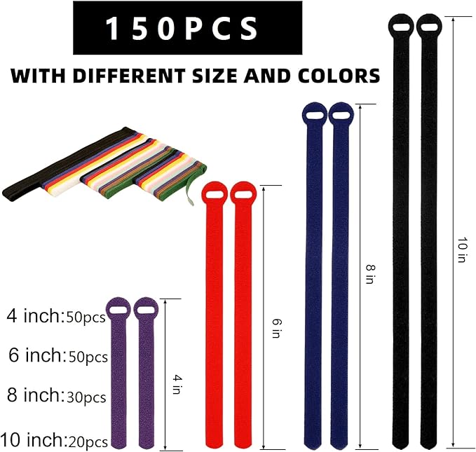 150PCS Cable Ties,4+6+8+10 Inch Reusable Cable Management, Multi-Purpose Adjustable Cord Organizer,Fastening Microfiber Cloth Hook and Loop Cable Organizer Wire Straps,Assorted Colors