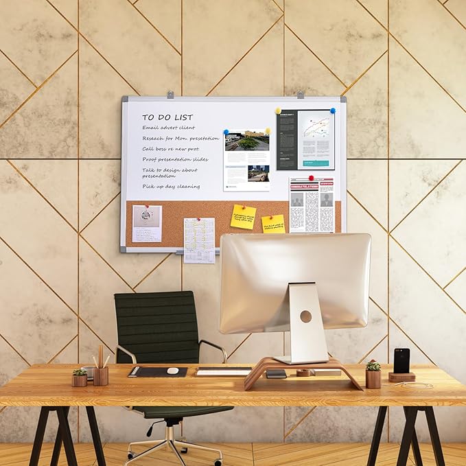 S SWANCROWN Dry Erase Board Cork Board Combo, Magnetic White Board and Bulletin Pin Board Combination,Hanging Wall Mounted Vision Board for Home, School, Office,Silver Frame,24"x18"
