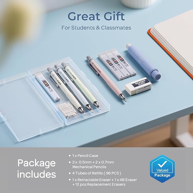 Nicpro Cute Mechanical Pencil Set, 4PCS 0.5 & 0.7 mm Pastel Drafting Pencils with 4 Tube HB Lead Refills, 4B Erasers, Rotary Retractable Eraser, Eraser Refill for Writing Sketching School Supplies