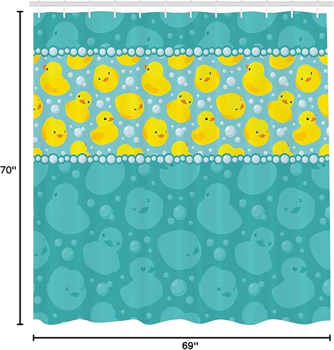 Ambesonne Rubber Duck Shower Curtain, Cartoon Style Duckies Swimming in Water Pattern Fun Bubbles Aqua Colors, Cloth Fabric Bathroom Decor Set with Hooks, 69" W x 70" L, Teal Blue