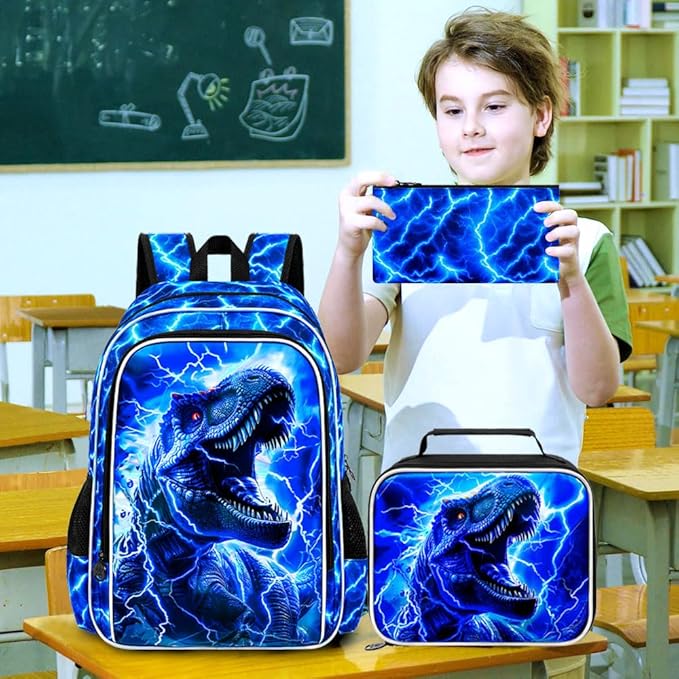 KLFVB 3PCS Boys Backpack Set, 17" Dinosaur Bookbag and Lunch Box, Water Resistant Teenagers School Backpacks for Middle Elementary - Lightning T-Rex
