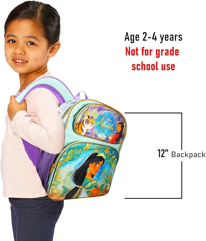 Disney Aladdin Backpack and Lunch Box Set for Kids - Bundle with 12" Princess Jasmine Mini Backpack, Jasmine Lunch Bag, Stickers, Water Bottle, More | Aladdin Mini Bag for Girls