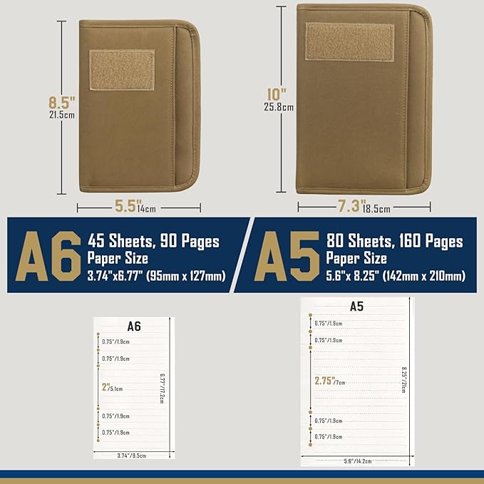 WYNEX Tactical Notebook Padfolio Ring Binder - Refillable 6-Ring A6 Binder, Zip Hardcover Notebook with 45 Pages, Water-Resistant Notebook Cover for Planners, College, Office, Field, Gift