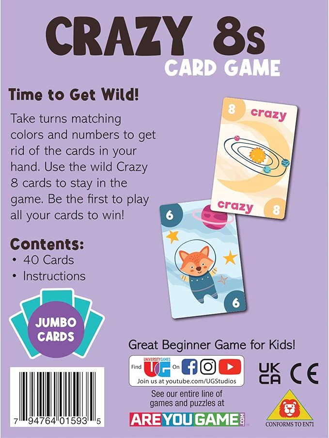 University Games Crazy 8s Card Game - Jumbo Size, Colorful Animal Cards for Kids Ages 4 and Up, Fun Family and Educational Game