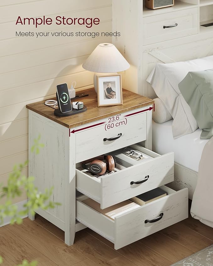 VASAGLE LIRY Collection - Farmhouse Nightstand with Charging Station, Bedside Table, Side End Table with 3 Drawers, for Bedroom, Rustic White and Honey Brown ULET679W01