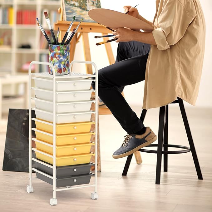 COSTWAY 10-Drawer Rolling Storage Cart, Utility Mobile Trolley with Removable Drawers & Universal Casters & 2 Brakes, Versatile Flexible Drawer Organizer Cart for Home, Office (Yellow)