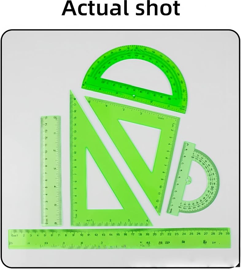 6 Pcs Plastic Ruler Math Set, Transparent Straight Protractor Triangle Measuring Tools, Geometry Ruler for School Office Home/Students(Green)