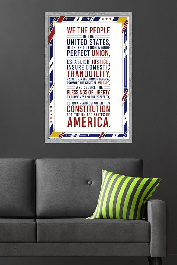 The United States Of America - Constitution Preamble Wall Poster, 34L" x 22.4W", Gray Framed Version