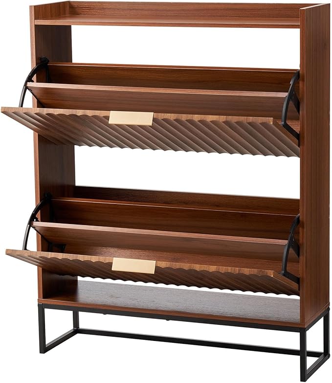 VEVOR Shoe Cabinet with 2 Flip Drawers, Mid-Century Shoes Storage Cabinet with Anti-Tipping Device, Freestanding Fluted Shoe Organizer, Ideal for Entrance, Hallway, Bedroom, Living Room, Walnut