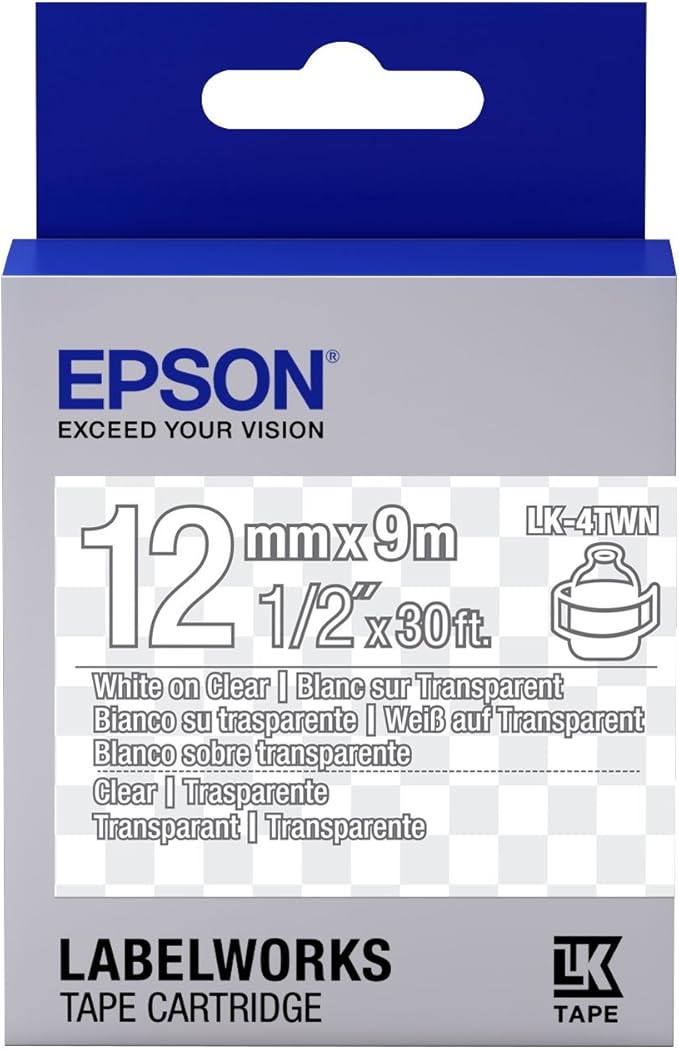 Epson LabelWorks Clear LK (Replaces LC) Tape Cartridge ~1/2" White on Clear (LK-4TWN) - for use with LabelWorks LW-300, LW-400, LW-600P and LW-700 Label Printers