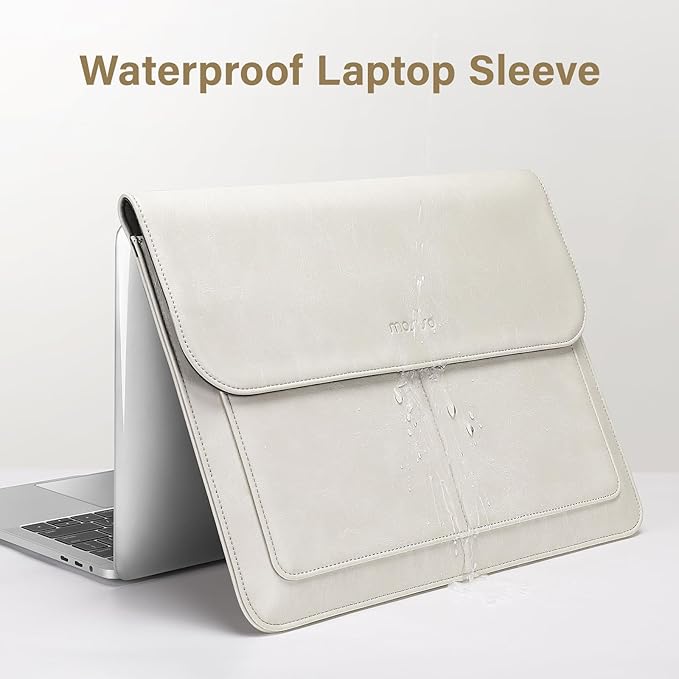 MOSISO Laptop Case 13.3 inch, 13-13.3 inch Laptop Sleeve Compatible with MacBook Air/Pro 13 / Pro 14, HP Dell ASUS Lenovo Notebook, PU Leather Flap Carrying Case with Stand&Small Pouch, Beige