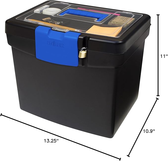 Storex Portable File Box, with Lockable XL Supply Storage Lid and Carry Handle, Black/Blue, 10.9 x 11 x 13.25 Inches, 2-Pack (61415B02C)