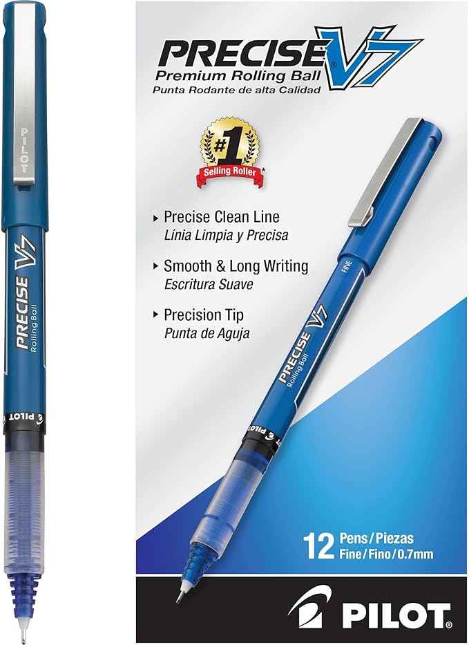 Pilot, Precise V7, Capped Liquid Ink Rollerball Pens, Fine Point 0.7 mm, Blue Ink Pens, Pack of 12 - Ideal for School, Journaling & Office Writing