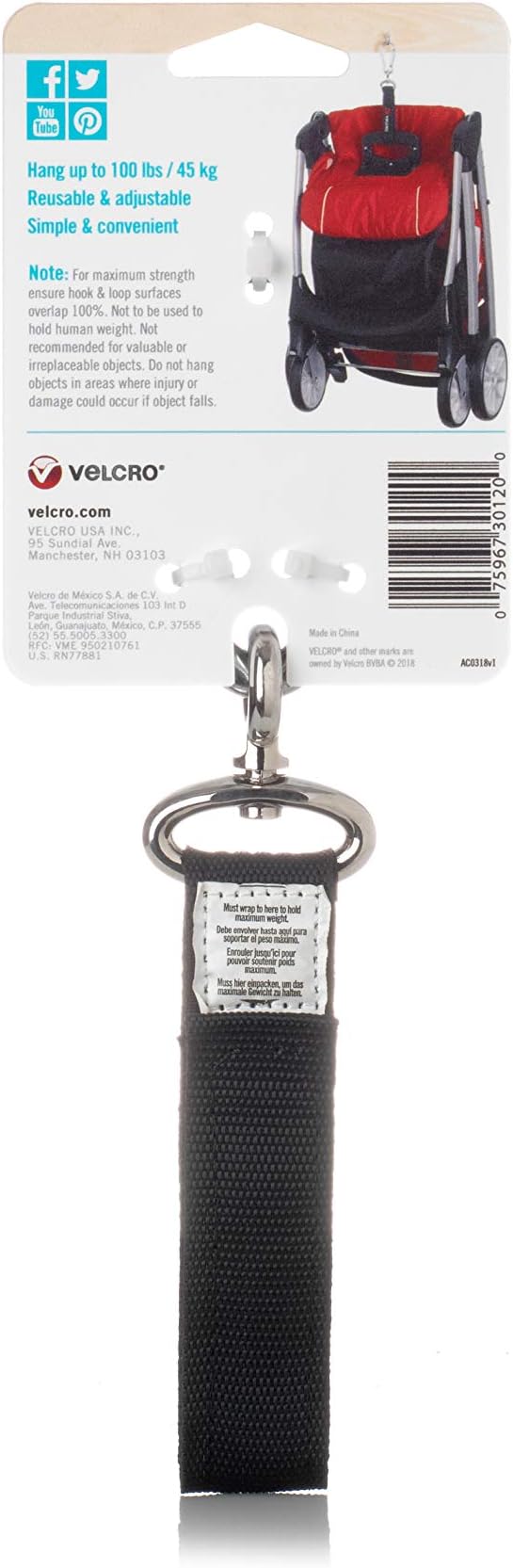 VELCRO Brand VEL-30120-USA Easy Hang Strap. Heavy Duty Outdoor Storage Extension Cords, Cables, Tools, Bikes. Organization for Garden, Shed, RV. Small-1Pk, Black