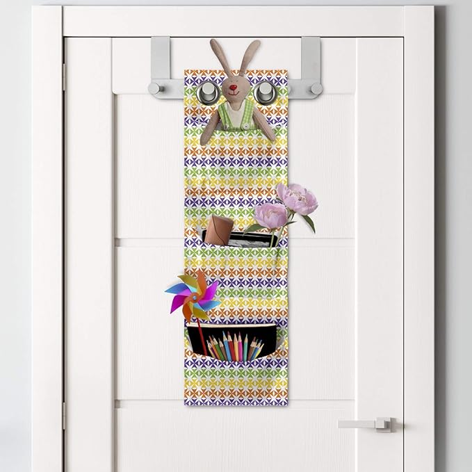 Ambesonne Colorful Hanging Pocket Organizer, Layout of Mini Triangular Motifs Horizontally Aligned, Printed Polyester Storage Bag with Pockets, 9" x 27", Violet Lime Green