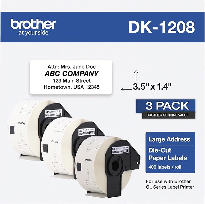 Brother Genuine DK-1208 Die-Cut Large Address Labels, Long Lasting Reliability, Die-Cut Large Address Paper Labels, 400 Labels per Roll, (1) Roll per Box - DK1208, White (DK12083PK)