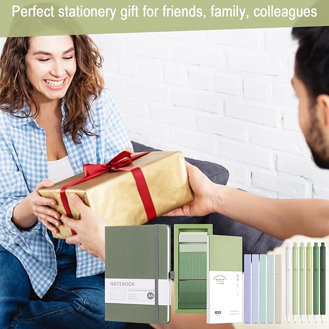 Aesthetic Stationery Set Preppy School Supplies 6 Retractable Black Pastel Gel Ink Pens 0.5mm Pastel Notebook Sticky Notes Set 5 Highlighters Self Stick Index Tabs for Bible Gifts(Green)