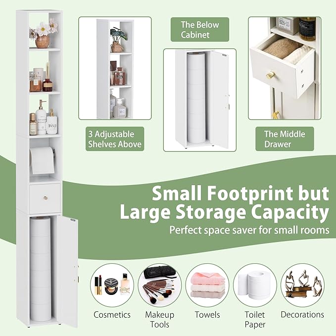 VECELO Narrow Bathroom Storage Cabinet with 3 Adjustable Shelves, 67" Tall Freestanding Cabinet with Toilet Paper Holder, Slim Tower Cabinet with Magnetic Door & Drawer, for Small Spaces, White