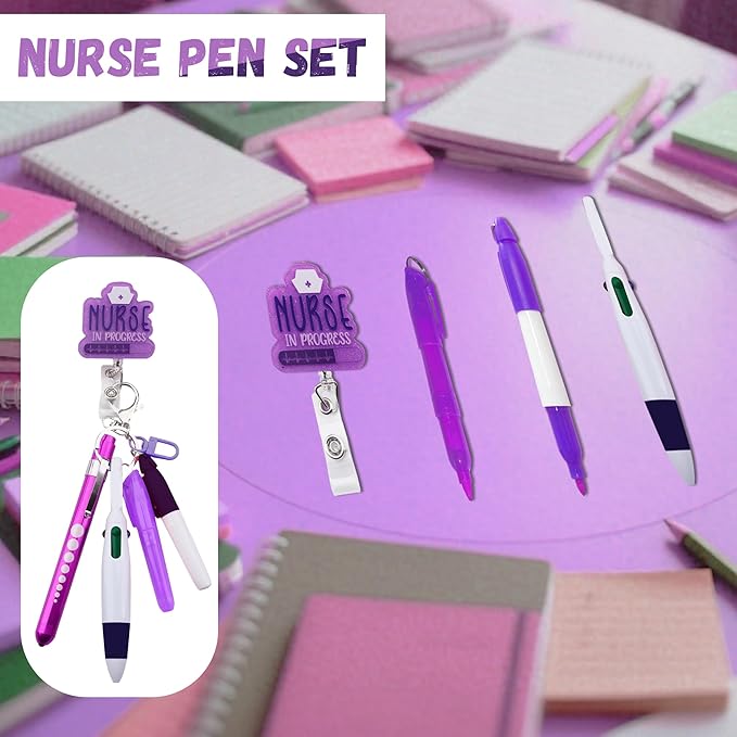 Student Nurse Pen Set Badge Reel Holder Accessories Clip, Retractable Mini Nursing Pen & Light Tool Set, Highlighter pens and Highlighter pens(Purple)