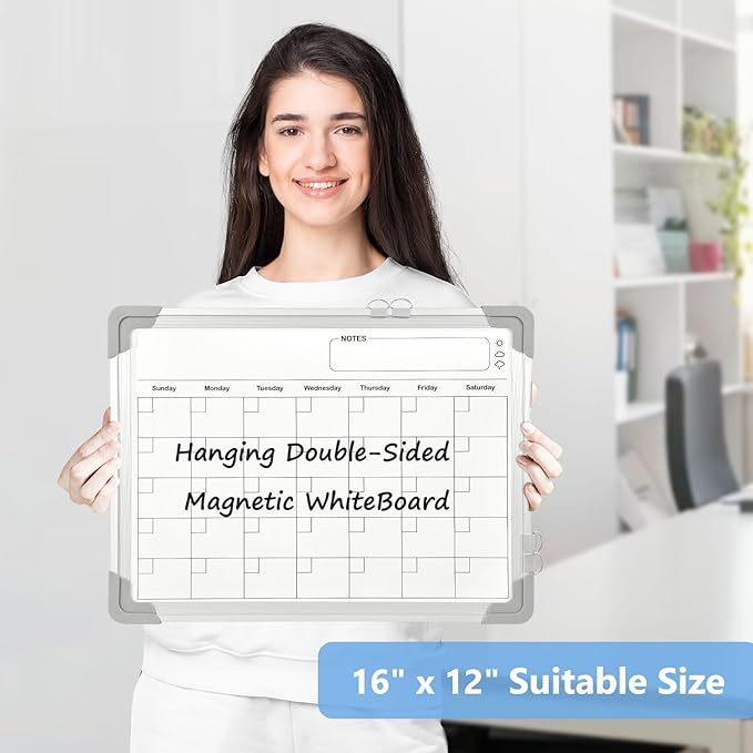 Whiteboard Calendar Dry Erase Calendar for Wall, 16" x 12" Small Magnetic Dry Erase Board Hanging Double-Sided, Calendar Whiteboard for Drawing, Kitchen, Planning, Memo, Home, Office