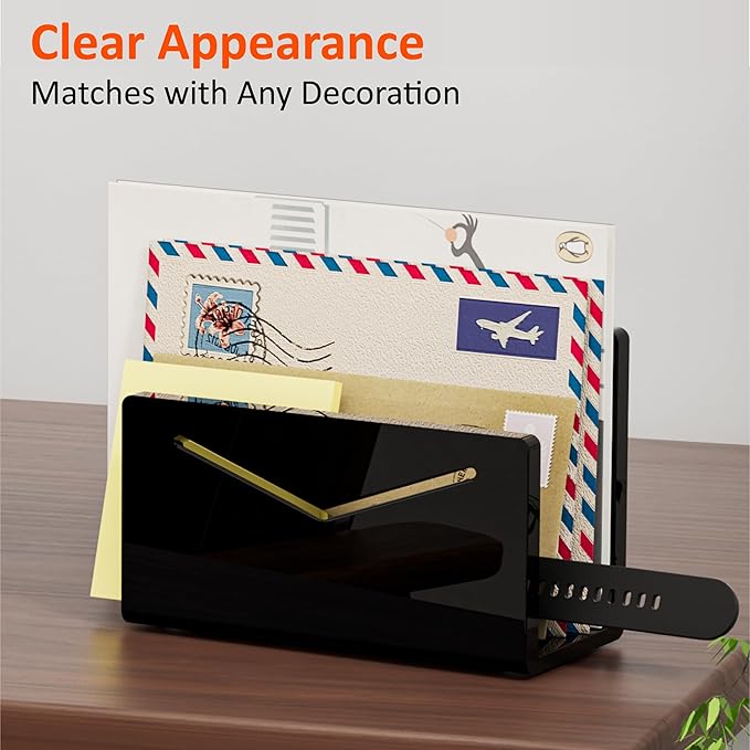Acrylic Mail Holder, Black Acrylic File Letter Organizer, Vertical Envelope Mail Holder for Desk, Lightweight Countertop Bill Holding Sorter Letter Invoice Stand for Home Office School