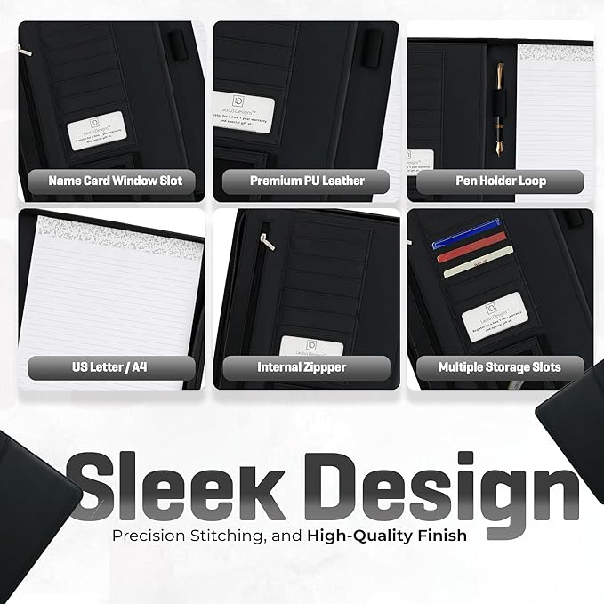 Black Zippered Leather Portfolio Binder - PU Leather Business Portfolio Organizer - Padfolio for Men & Women with US Letter Notepad, 10.5 Inch Tablet Pocket & Gift Box by Lautus Designs