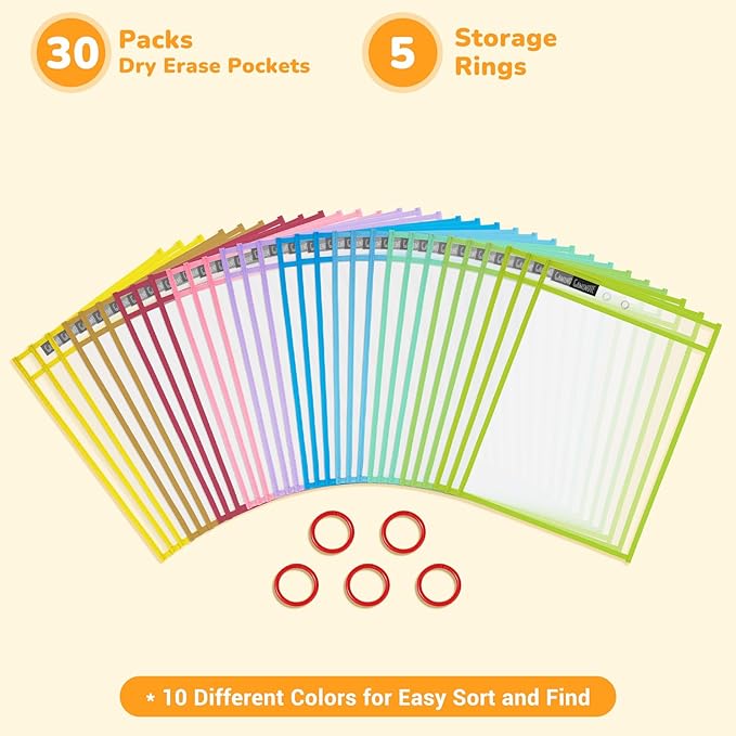 Gamenote 30 Pack Pastel Dry Erase Pockets with 5 Rings, 10 Assorted Colors Macaron 10x14 Oversized Reusable Plastic Sleeves, Clear Sheet Protectors, Teacher Supplies for Classroom Organization