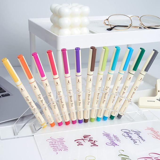 WRITECH Brush Tip Marker Pens: Artist Markers Flexible Tip Water Based 12ct Assorted Colors for Journaling Adult Coloring Hand Lettering Calligraphy Drawing Vibrant Colored