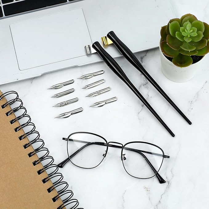 10PCS Oblique Calligraphy Dip Pen Set - 2-in-1 Drawing Pen Holder with 8 Pieces Stainless Steel Pen Replacement Nibs for Writing, Painting, Signing, Sketch