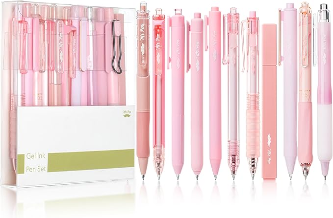 Mr. Pen- Gel Ink Pink Pen Set, 12 Pack, 1 x Aesthetic Highlighter, 0.5mm Cute Pink Pens Black Ink with Pastel Barrels