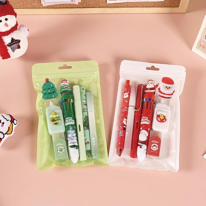 7 Pcs Cute Xmas Stationery Set Kawaii Christmas School Supplies Office Supplies Including Ballpoint Pens Pencil Sharpener Highlighter Correction Tape Eraser (X-mas(Green))